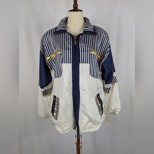 Janeve Windbreaker Nylon Nautical Blue White Gold Striped Womens Sz L NEW NWT